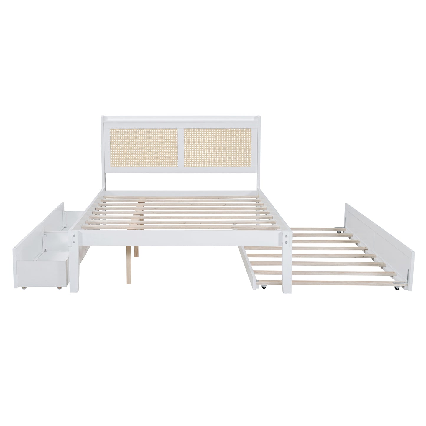 Full Size Elegant Bed Frame with Rattan Headboard and Sockets ,White