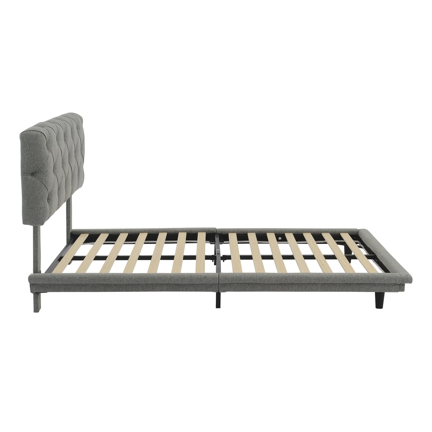 Full Size Upholstered Bed with Light Stripe, Floating Platform Bed, Linen Fabric,Gray