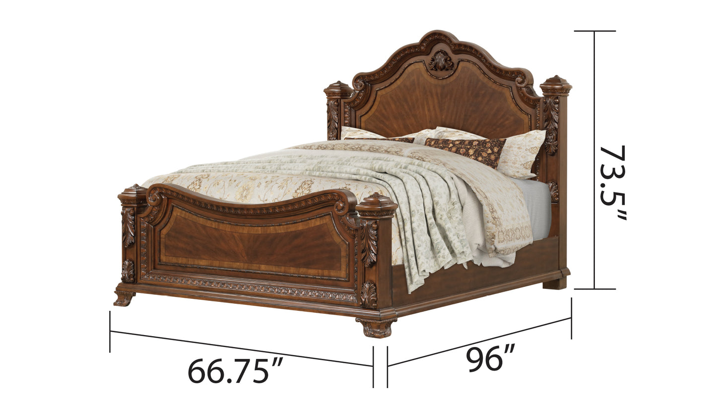 Traditional Style Queen Bed With Intricate Wood Carvings Made with Wood in Walnut