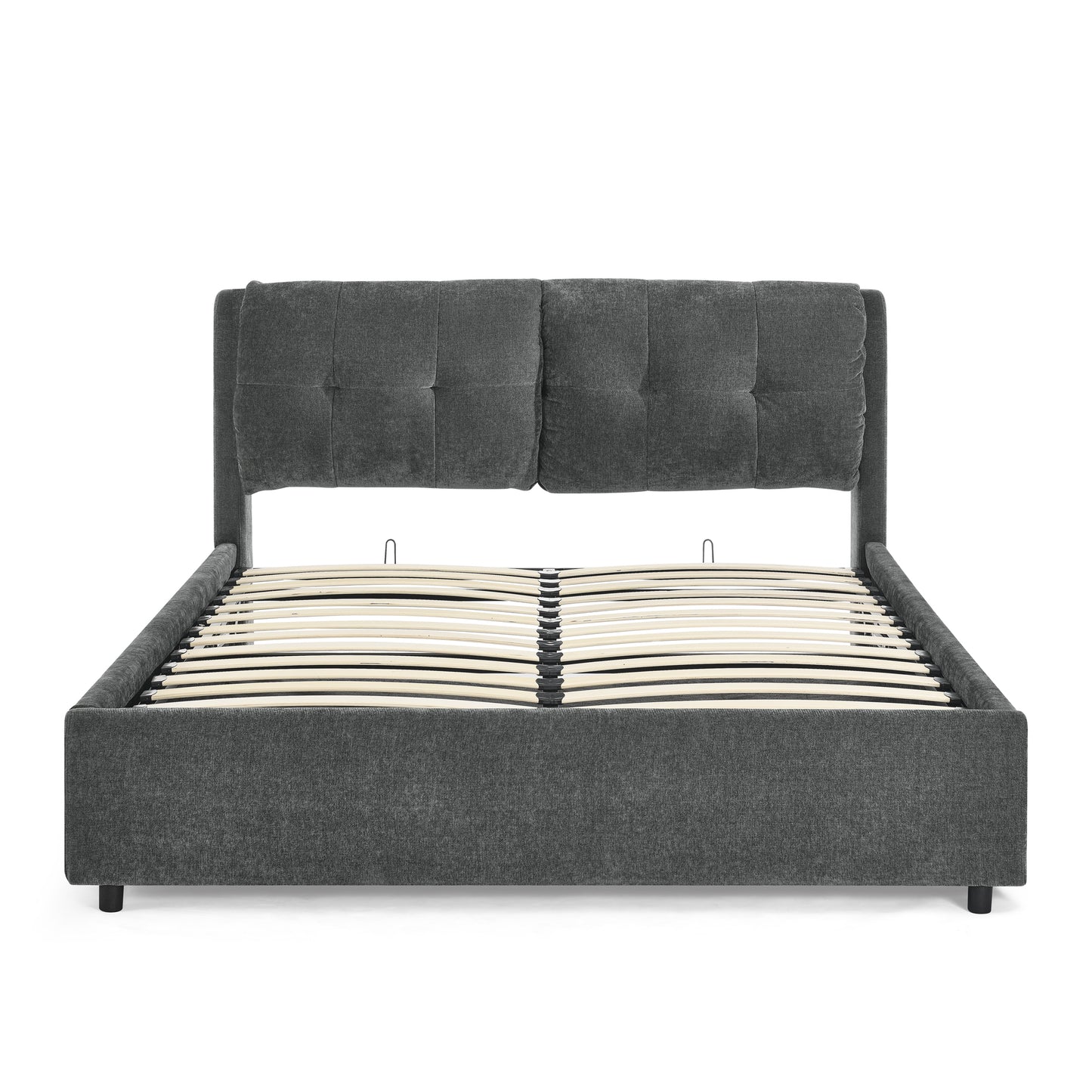 Cama tamaño queen con plataforma hidráulica tapizada, cabecero integrado, tela de chenilla, color gris