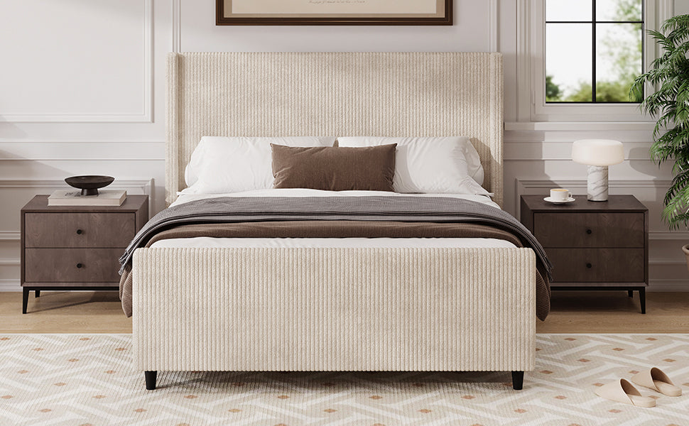 50.7'' High Headboard Corduroy Upholstered Bed Frame with Vertical Stripe Wingback and High Footboard No Box Spring Needed, Queen Size, Cream