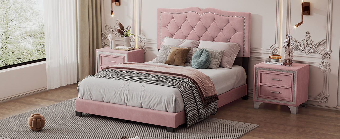 Full Size Upholstered Bed Frame with Rivet Design, Modern Velvet Platform Bed with Tufted Headboard,Pink