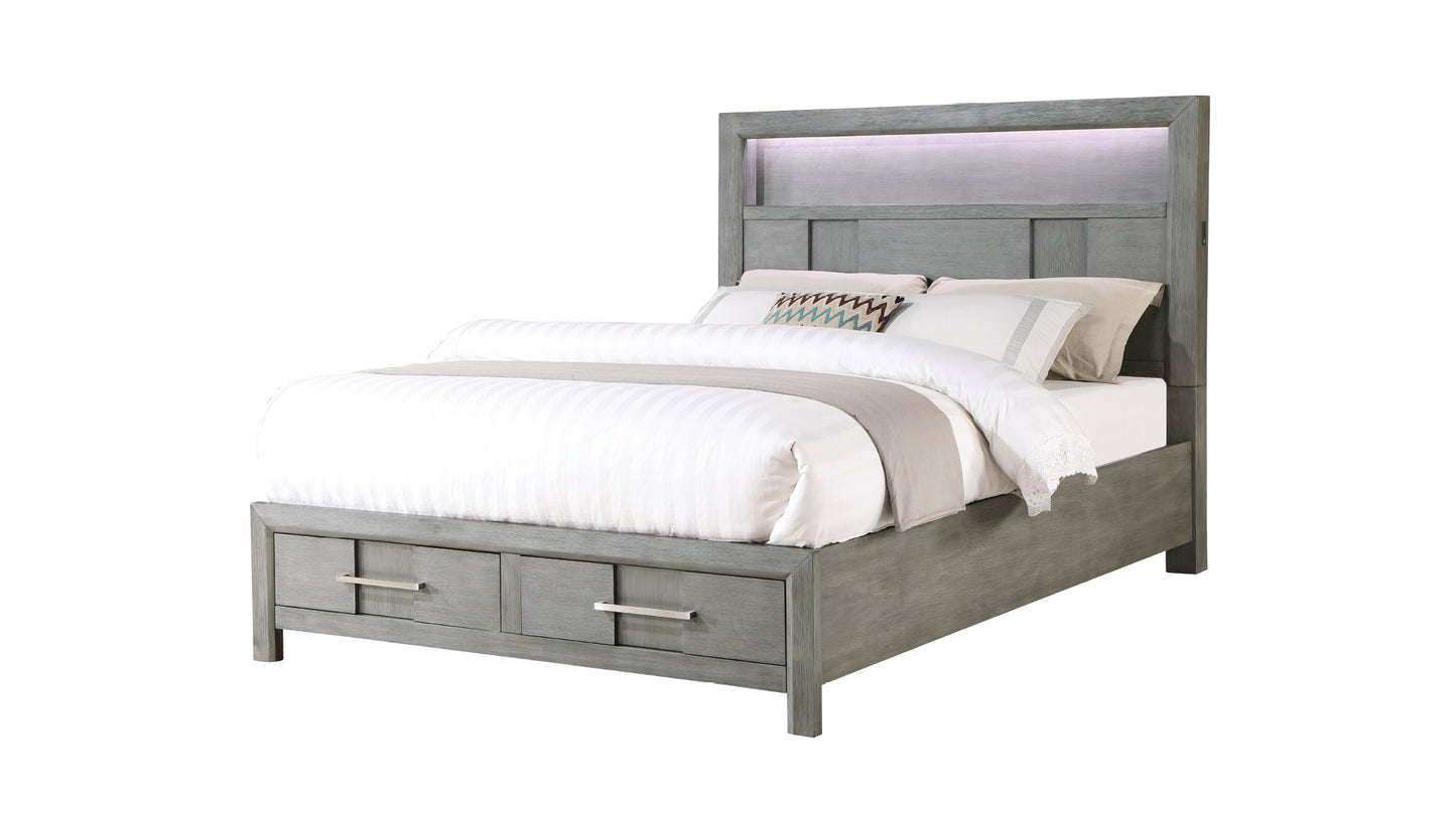 Modern Style King 5PC Storage Bedroom Set Made with Wood, LED Headboard, Bluetooth Speakers & USB Ports - Grey