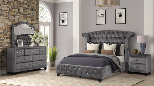 Modern Style Crystal Tufted King 4 Piece(Includes: King Size Bed, Nightstand, Dresser, and Mirror) Velvet Fabric Upholstery Bedroom Set Made with Wood in Gray