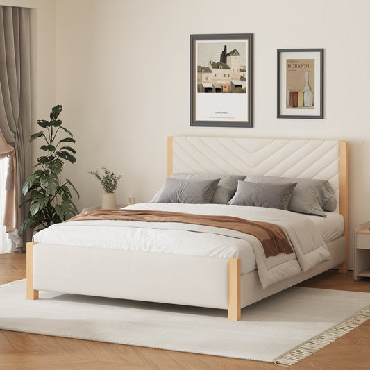 Modern Mid-Century Queen Upholstered Platform Bed Frame with Tufted Headboard and Solid Wood Legs,No Box Spring Needed,Beige