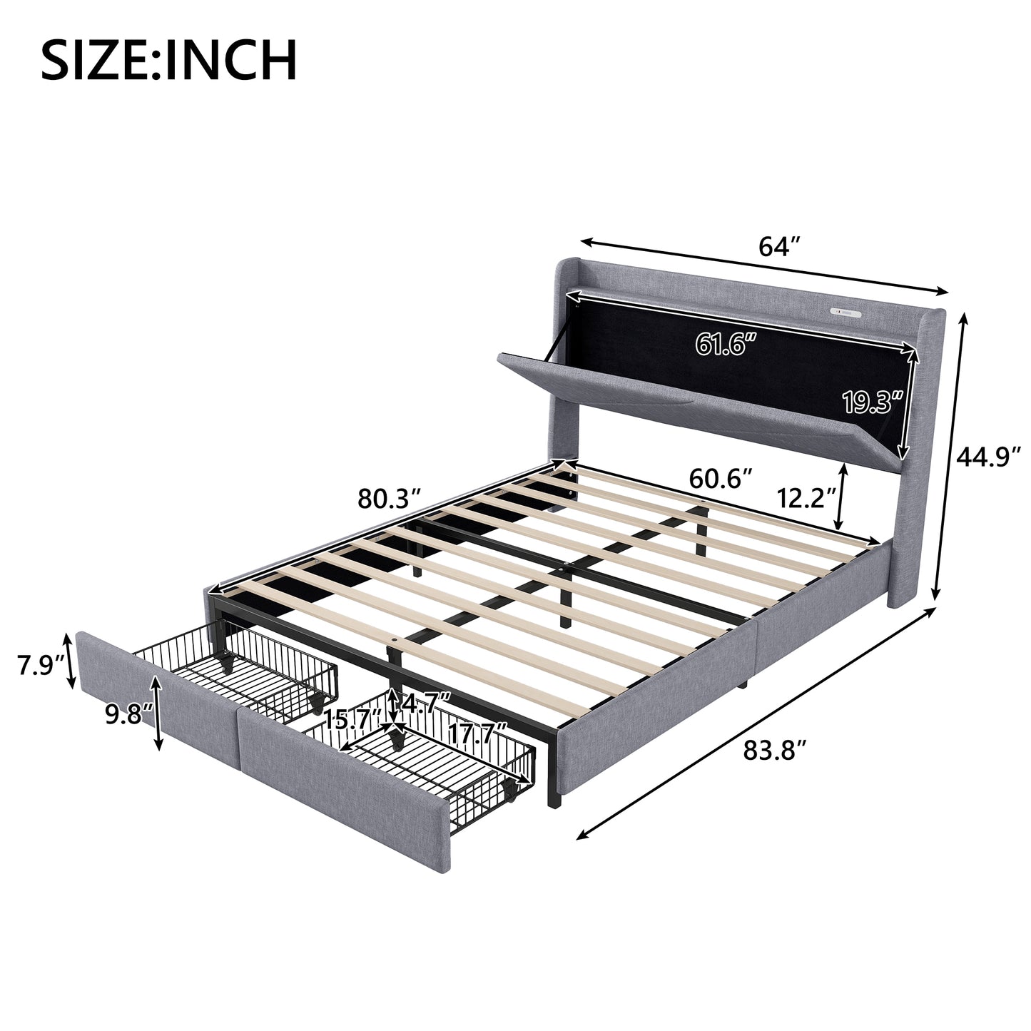 Queen Size Upholstery Platform Bed with Storage Headboard, LED, USB Charging and 2 Drawers, Gray