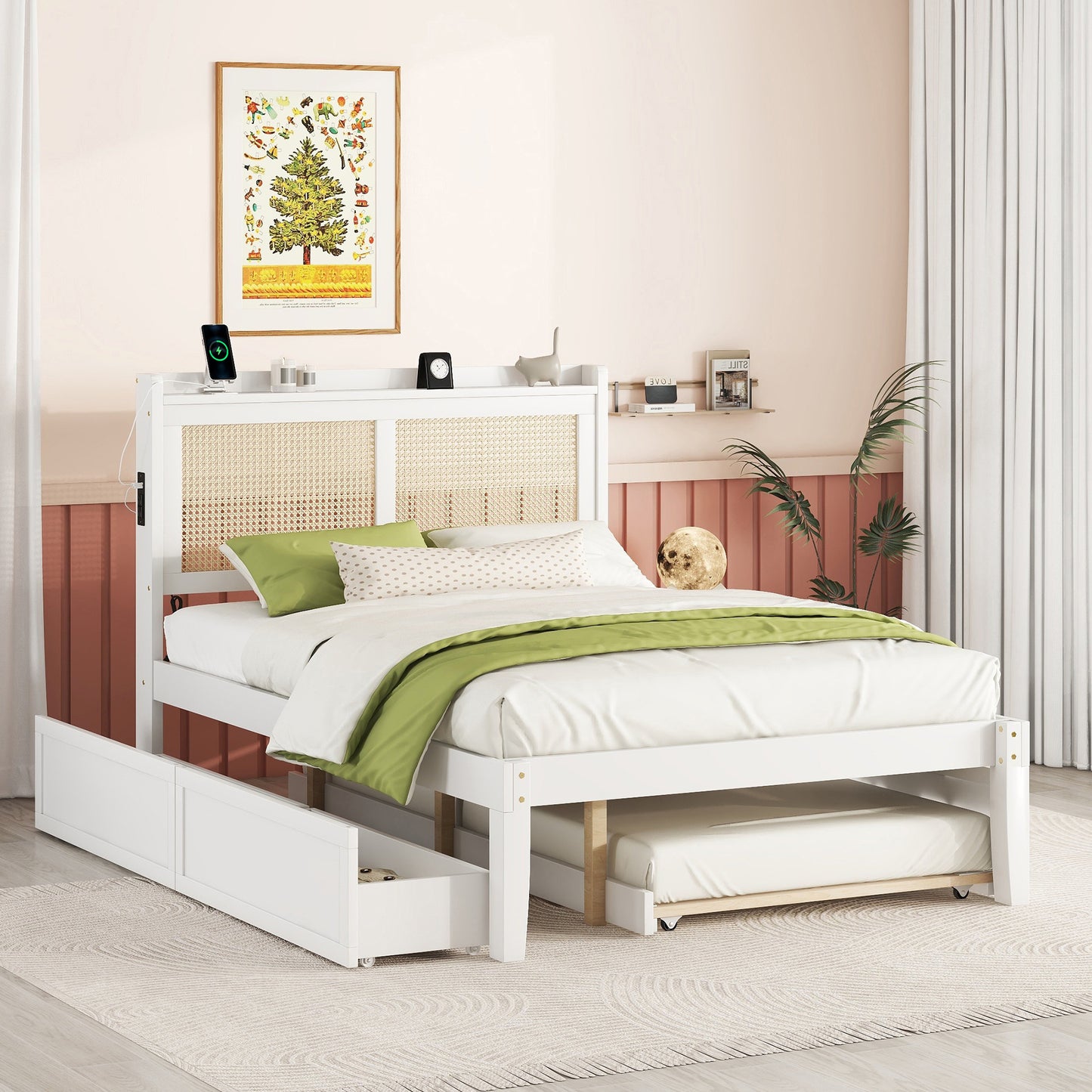 Full Size Elegant Bed Frame with Rattan Headboard and Sockets ,White