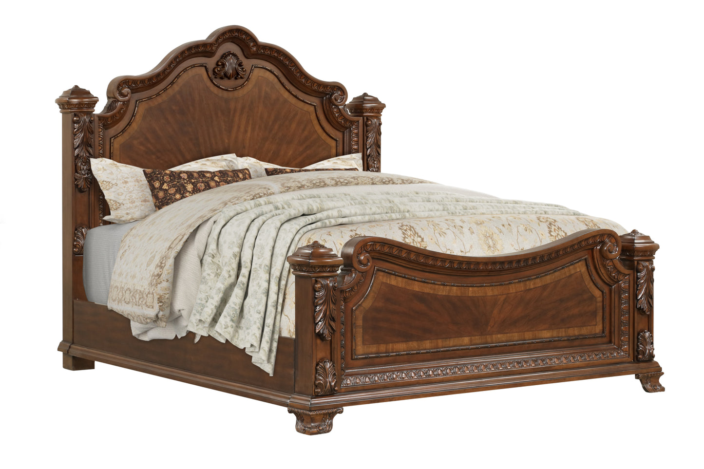 Traditional Style King Bed With Intricate Wood Carvings Made with Wood in Walnut