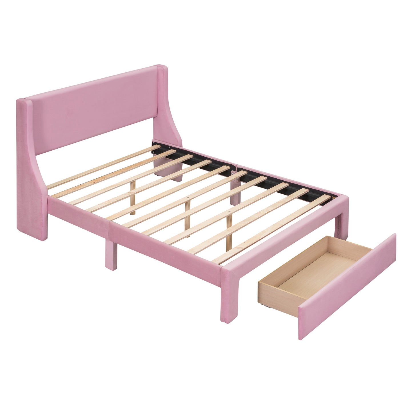 Full Size Storage Bed Velvet Upholstered Platform Bed with a Big Drawer - Pink