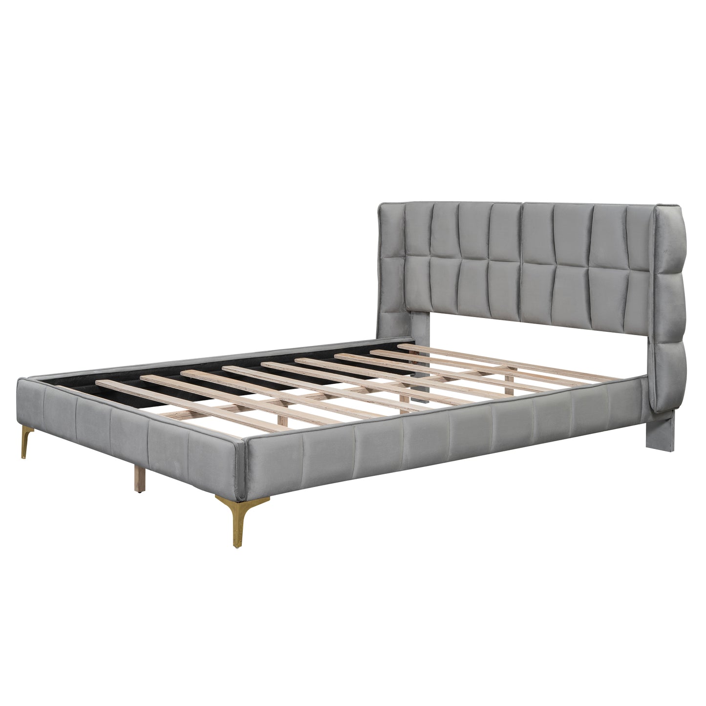 Queen Size Upholstered Velvet Platform Bed, Gray