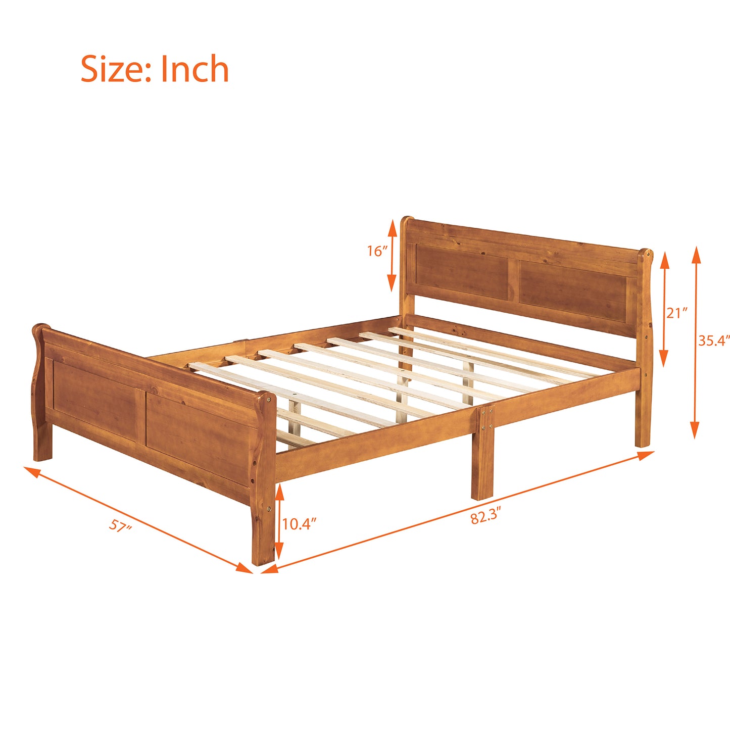 Cama con plataforma de madera de tamaño completo con cabecera y soporte de listones de madera (roble)