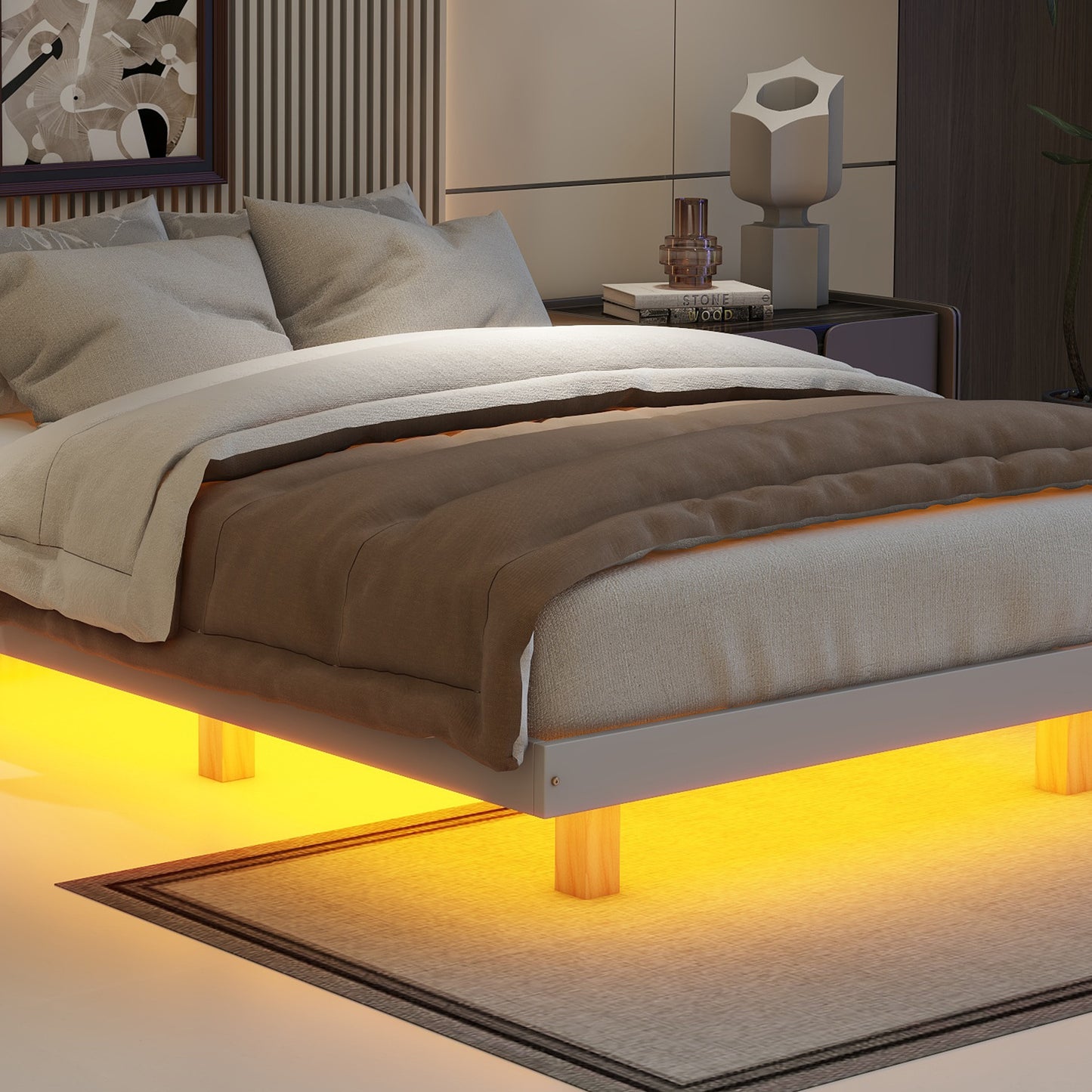 Full Size Floating Bed with LED Lights Underneath,Modern Full Size Low Profile Platform Bed with LED Lights,Grey