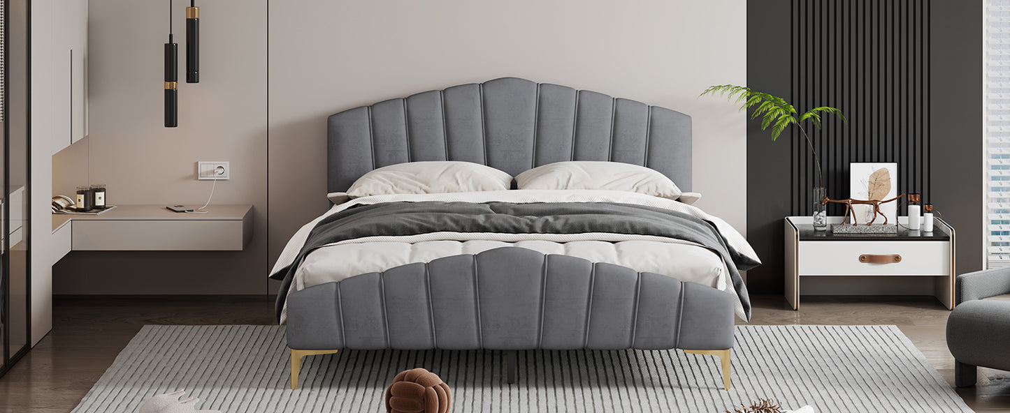 Queen Size Velvet Platform Bed with Thick Fabric, Stylish Stripe Decorated Bedboard and Elegant Metal Bed Leg, Gray