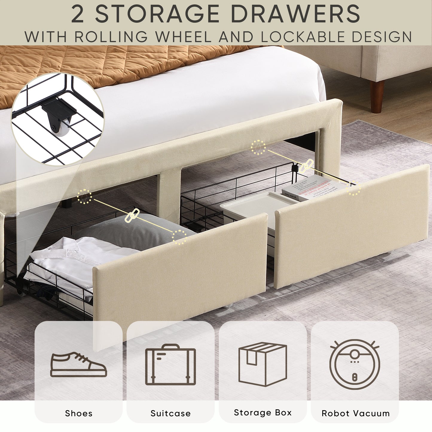 Full Size Bed Frame with 2 Storage Drawers, Upholstered Bed Frame with Wingback Headboard Storage Shelf Built-in USB Charging Stations and Strong Wood Slats Support, No Box Spring Needed, Beige