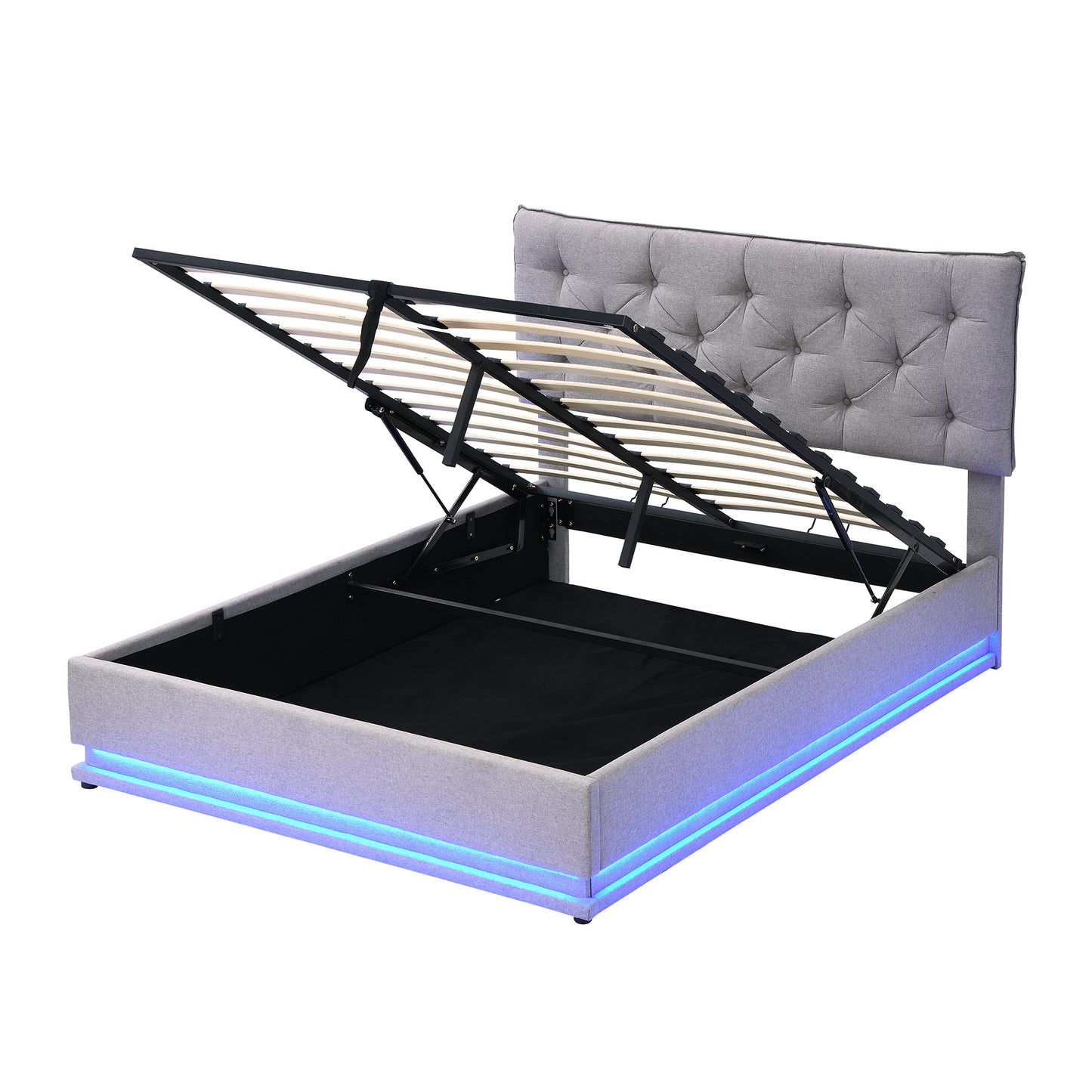 Cama tapizada de tamaño completo con sistema de almacenamiento hidráulico y luz LED, plataforma moderna con cabecera con diseño de botones, gris