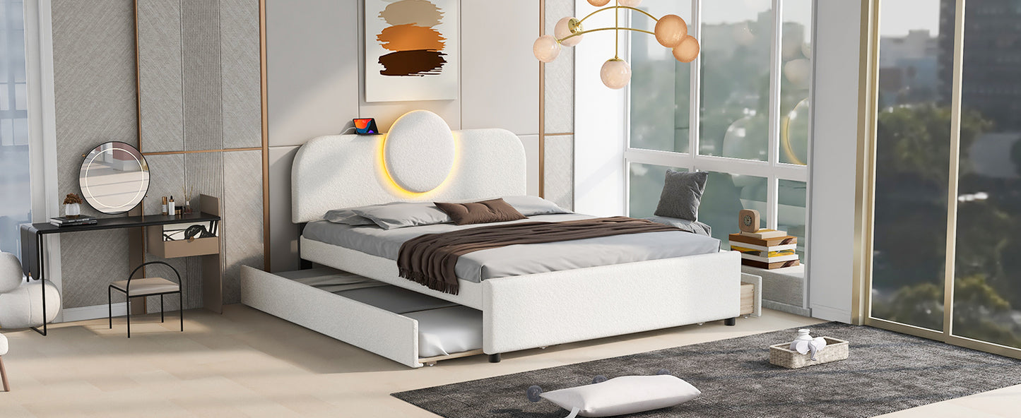 Queen Size Upholstered Platform Bed with Multi-functional Headboard, Trundle and 2 Drawers, White