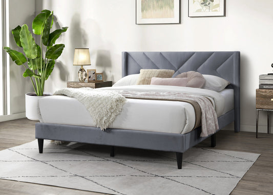 Elegant Modern Gray Velvet Upholstered Queen Size Bed Clean Lines Design Headboard 1pc Bedframe