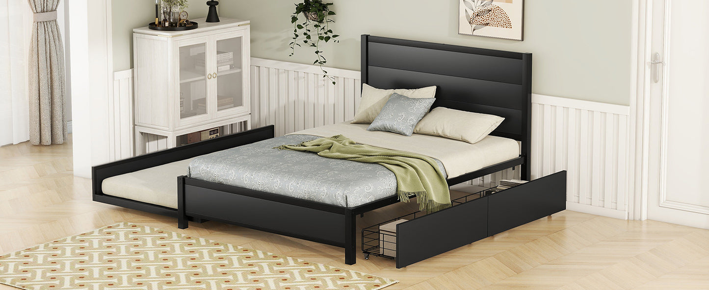 Metal Full Size Storage Platform Bed with Twin Size Trundle and 2 Drawers, Black