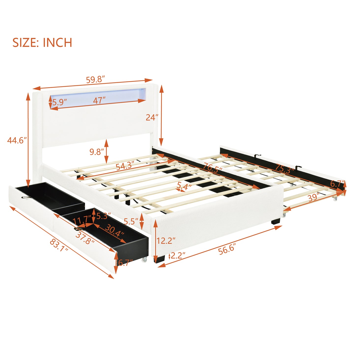 Full Size Upholstered Platform Bed with LED Frame, with Twin  Size Trundle and 2 drawers, Teddy Fleece, White