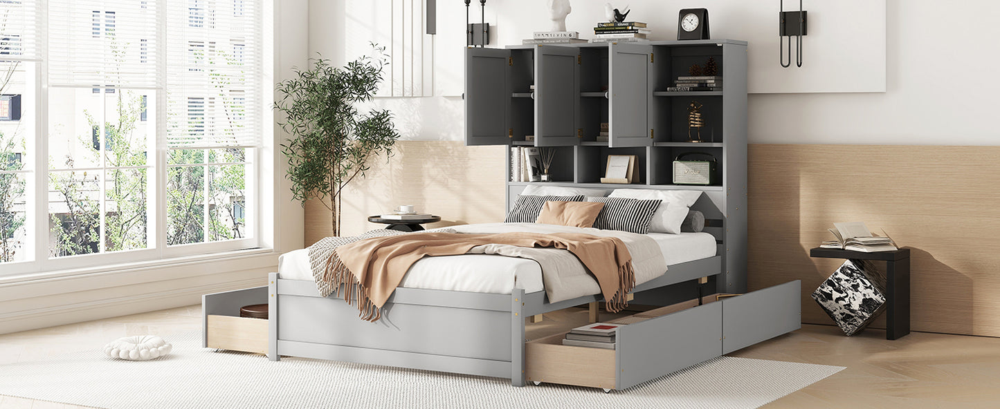 Full Size Platform Bed with Storage Headboard and 4 Drawers, Gray