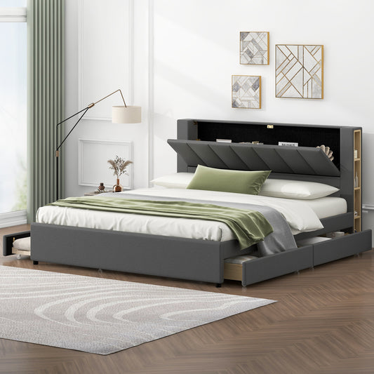 King Size Upholstery Platform Bed with Storage Headboard, 2 Drawers and Trundle, Gray