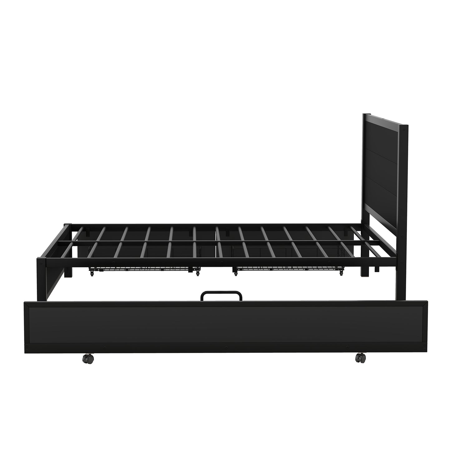 Metal Full Size Storage Platform Bed with Twin Size Trundle and 2 Drawers, Black