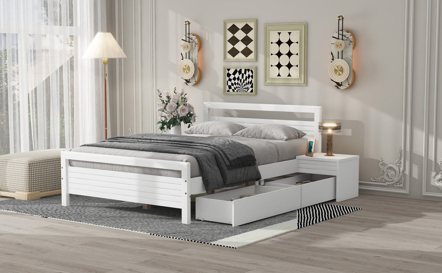 Full Size Wooden Platform Bed with 2 Storage Drawers and 2 bedside tables, White