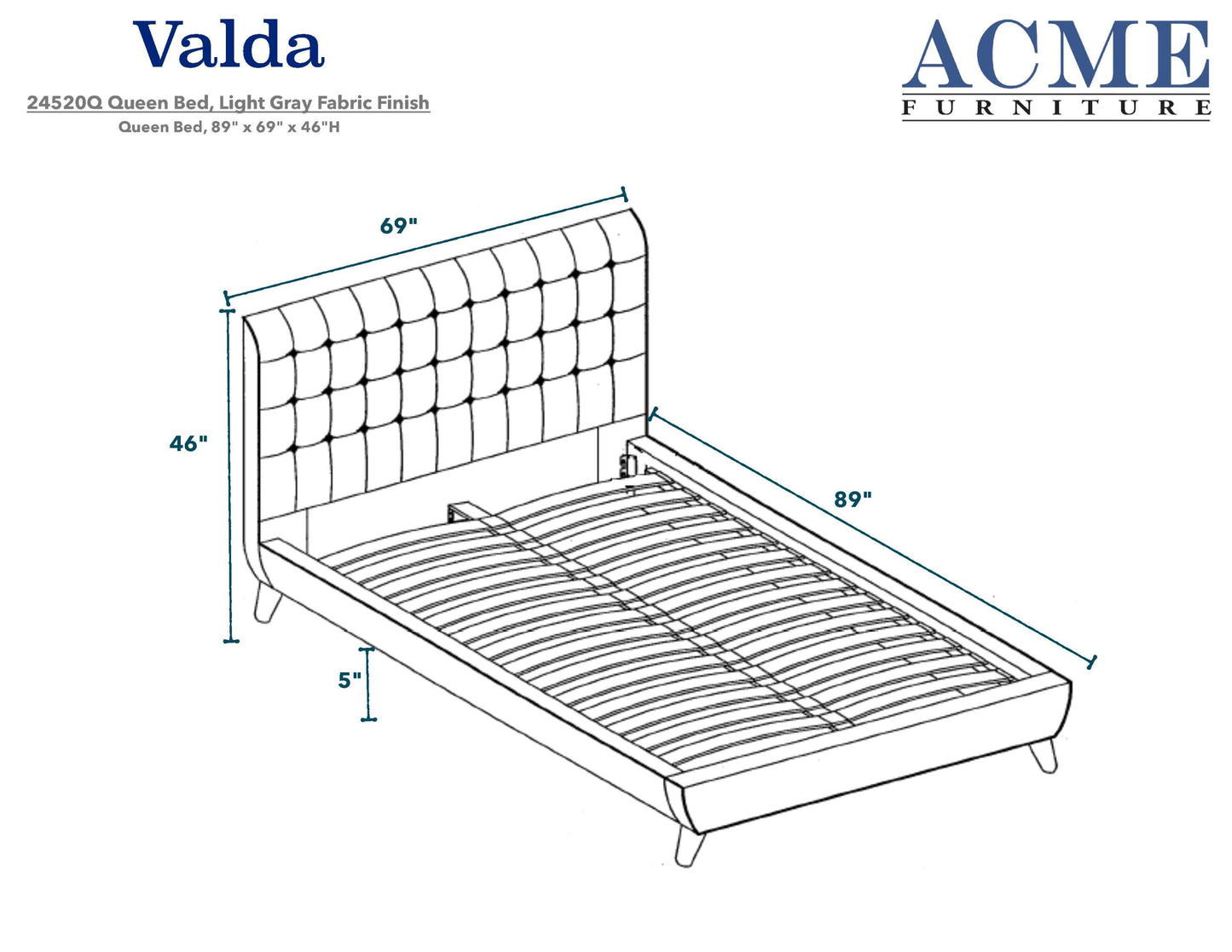 ACME Valda Queen Bed in Light Gray Fabric 24520Q