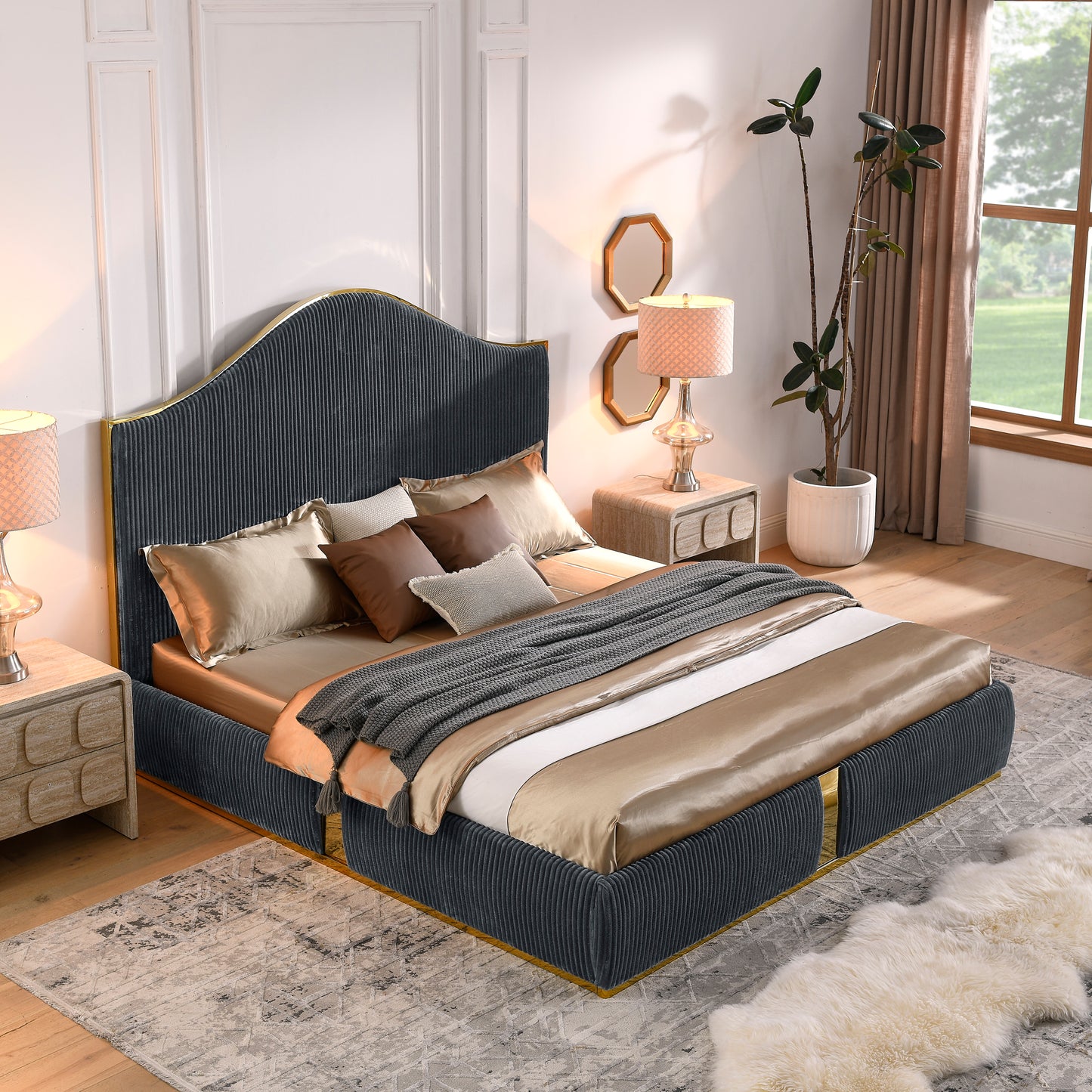 Corduroy Upholstered Bed Frame King Size 59.5" Tall  Headboard Queen Bed Frame Metal Decoration /No Box Spring Needed