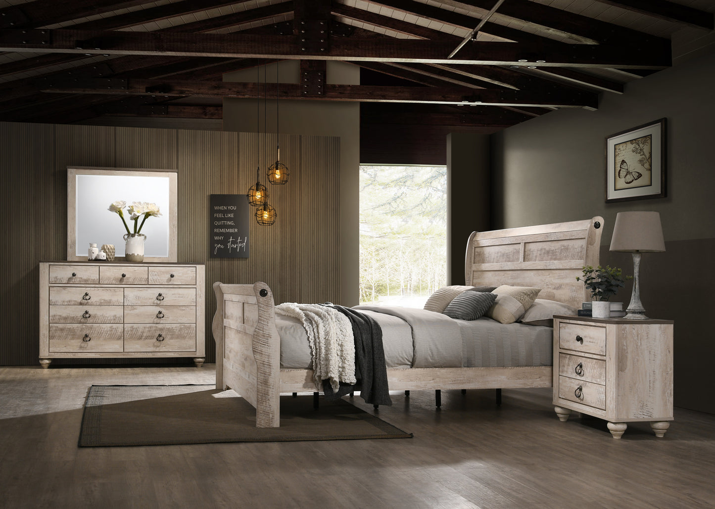 Imerland Contemporary White Wash Finish Bedroom Set with King Sleigh Bed, Dresser, Mirror, Nightstand, Chest