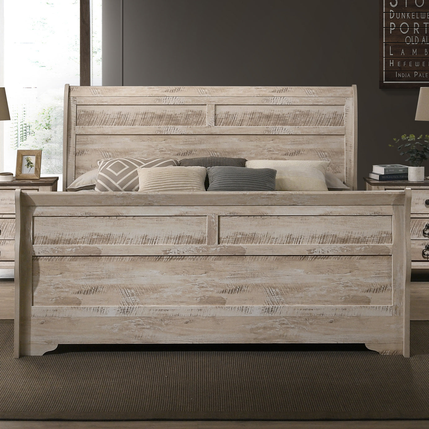 Imerland Contemporary White Wash Finish Bedroom Set with King Sleigh Bed, Dresser, Mirror, Two Nightstands