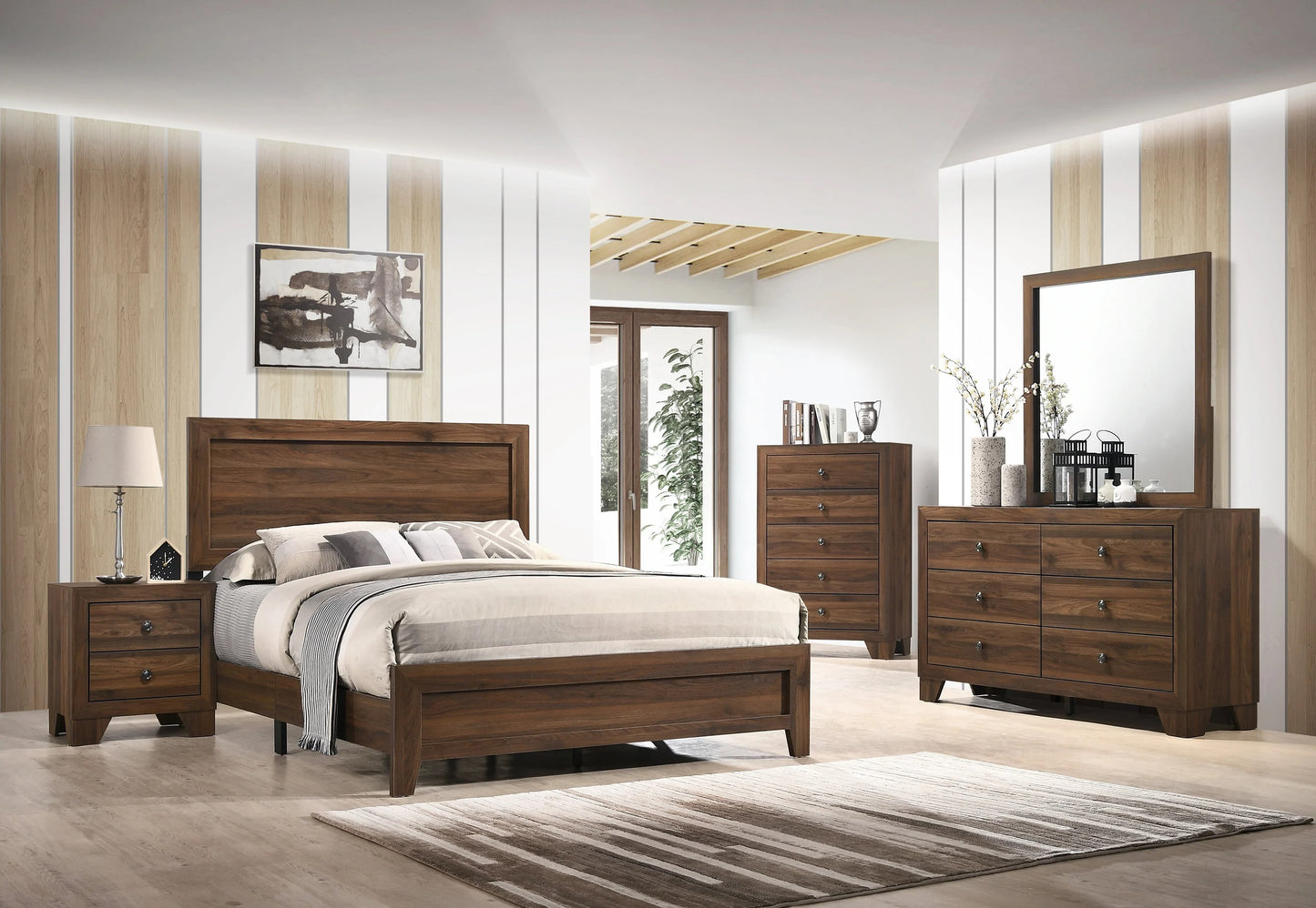 Brown Cherry Finish Fabric 1pc Full Size Panel Bed Beautiful Wooden Bedroom Furniture Contemporary Style