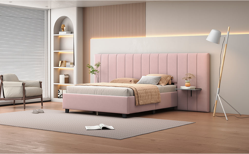 Queen Size Upholstered Platform Bed with Big Headboard, Bedroom Furniture, Velvet, Pink