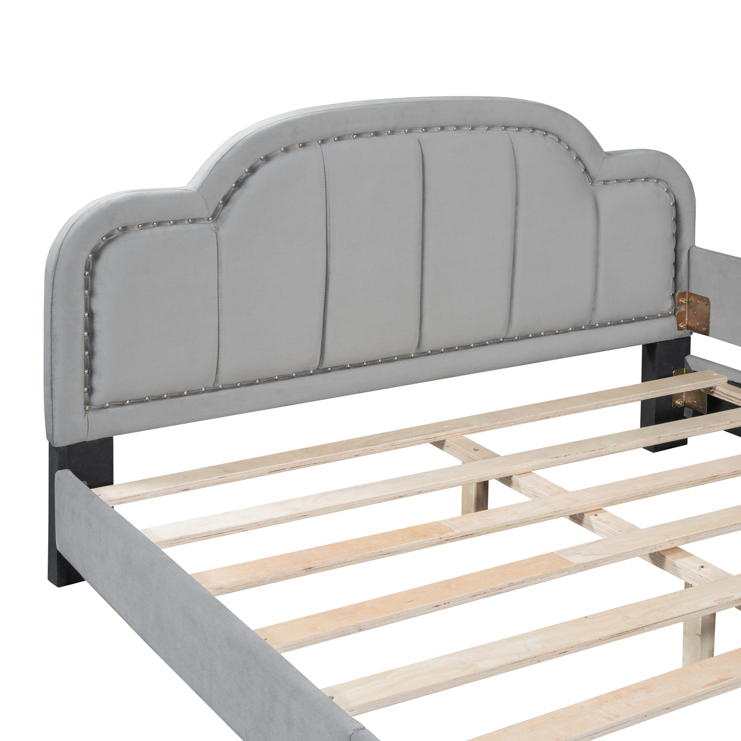 Sofá cama tapizado de tamaño completo con cabecera en forma de nube, elegante diseño de clavos de cobre integrados, gris