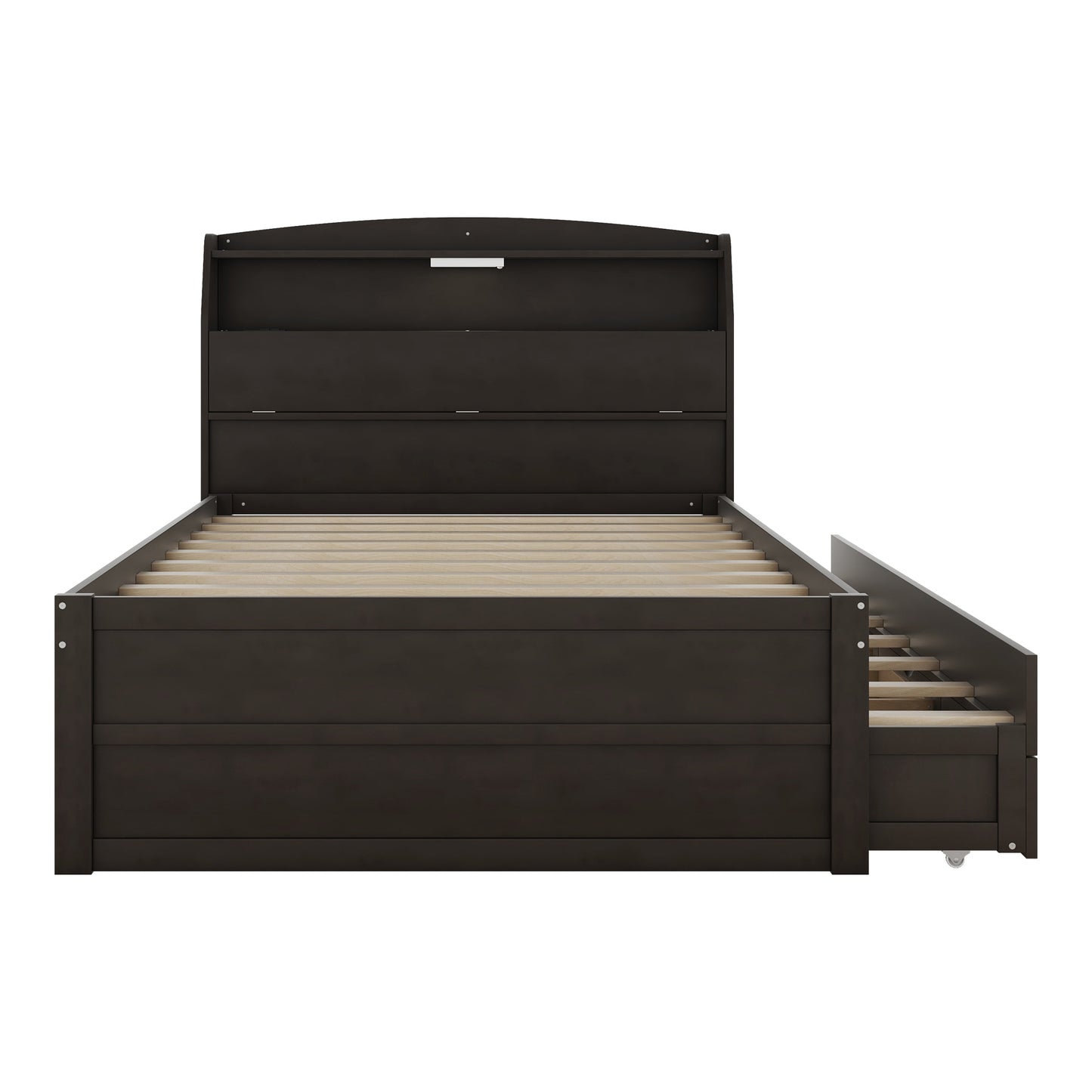 Full Size Wooden LED Platform Bed with Trundle, with Storage Headboard, with Drawers, Brown