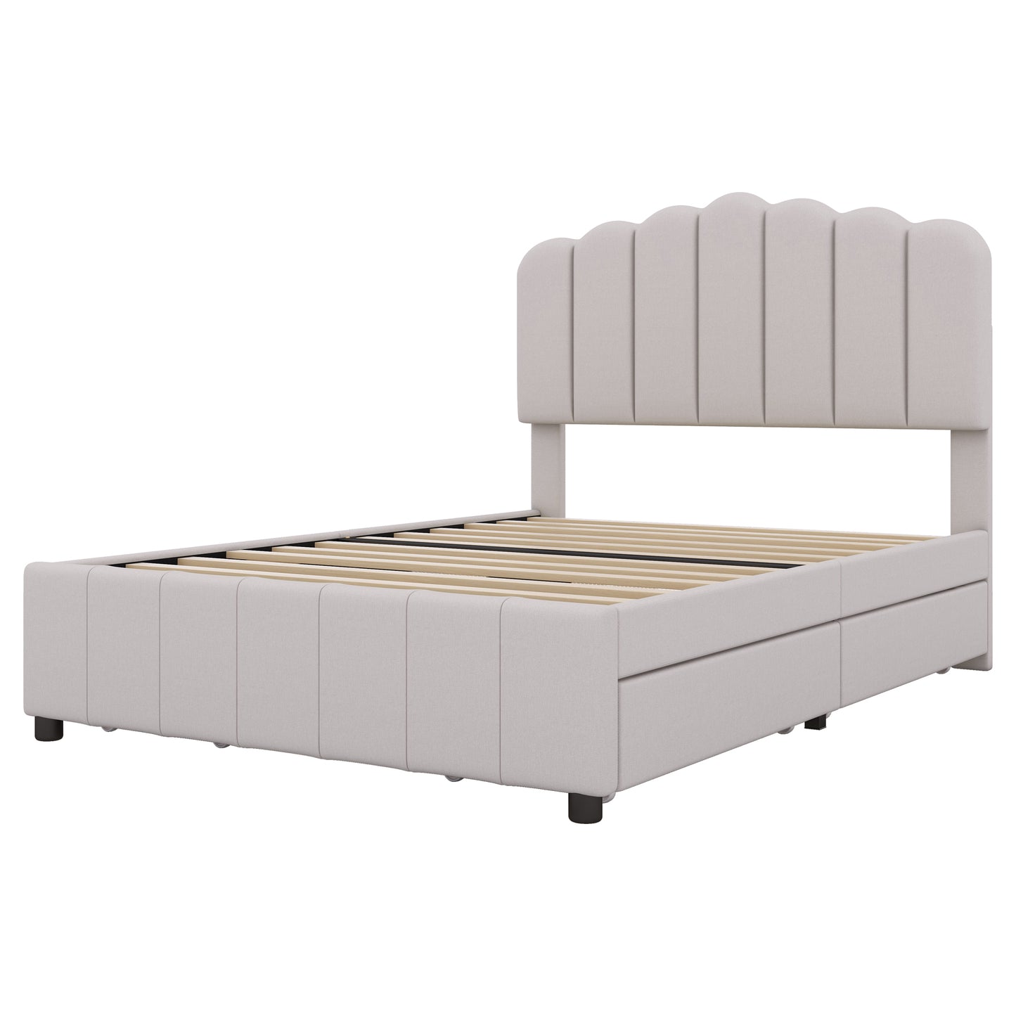 Full Size Upholstered Bed with 4 Storage Drawers,Wood Slat Support, Beige