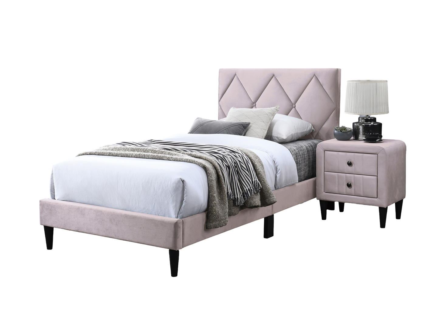 Full Size Bed w Adjustable Headboard 1pc Bedframe, Light Pink Velvet Upholstered Youth Bedroom Furniture