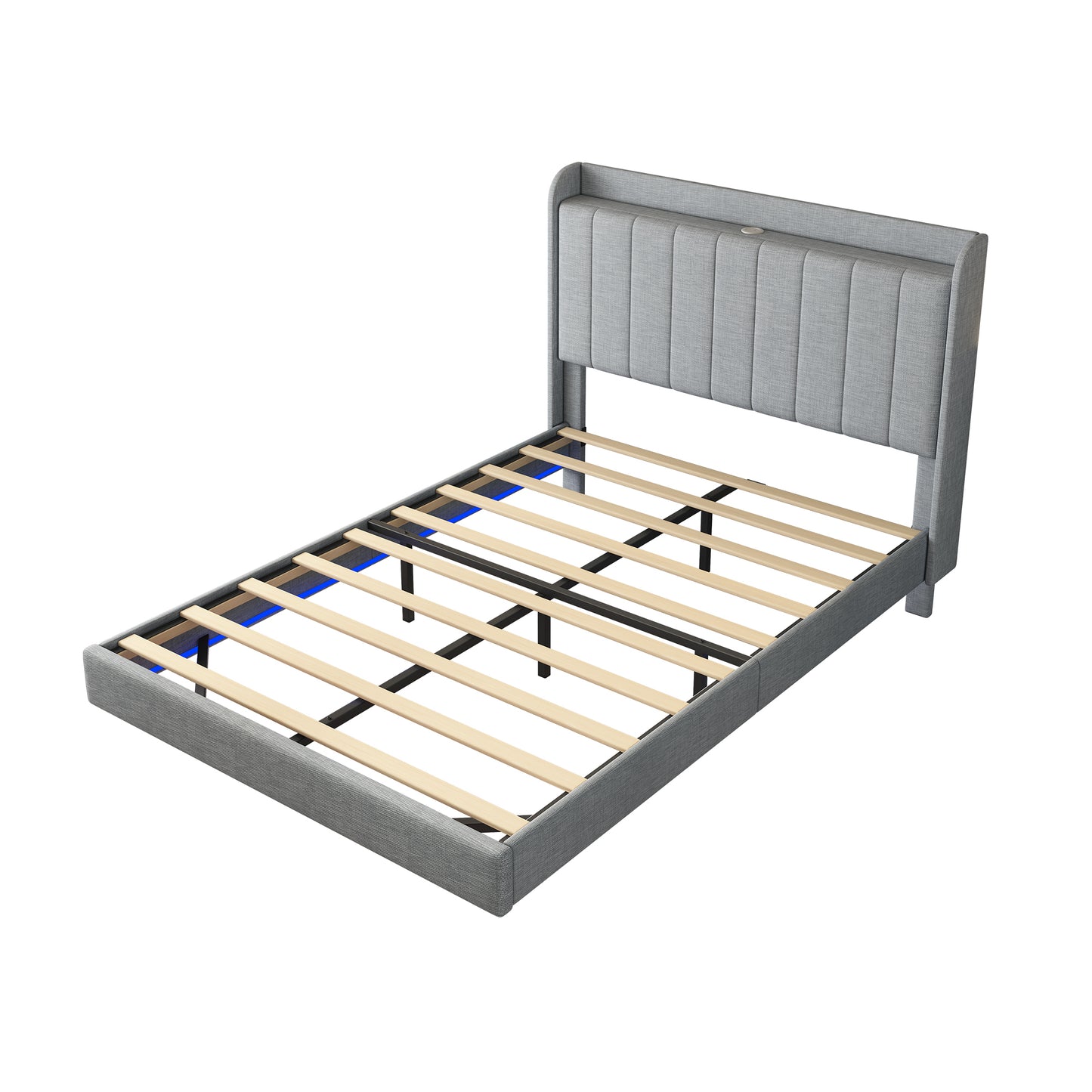 Full size Floating Bed Frame,with Remote control LED Lights with APP , Wood Platform-Light Grey