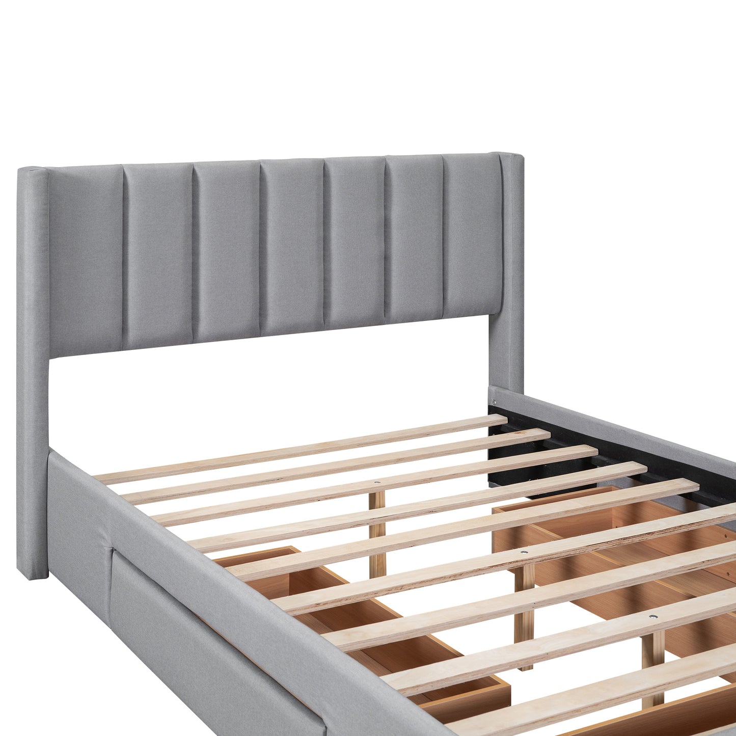 Full Size Upholstered Platform Bed with One Large Drawer in the Footboard and Drawer on Each Side,Gray