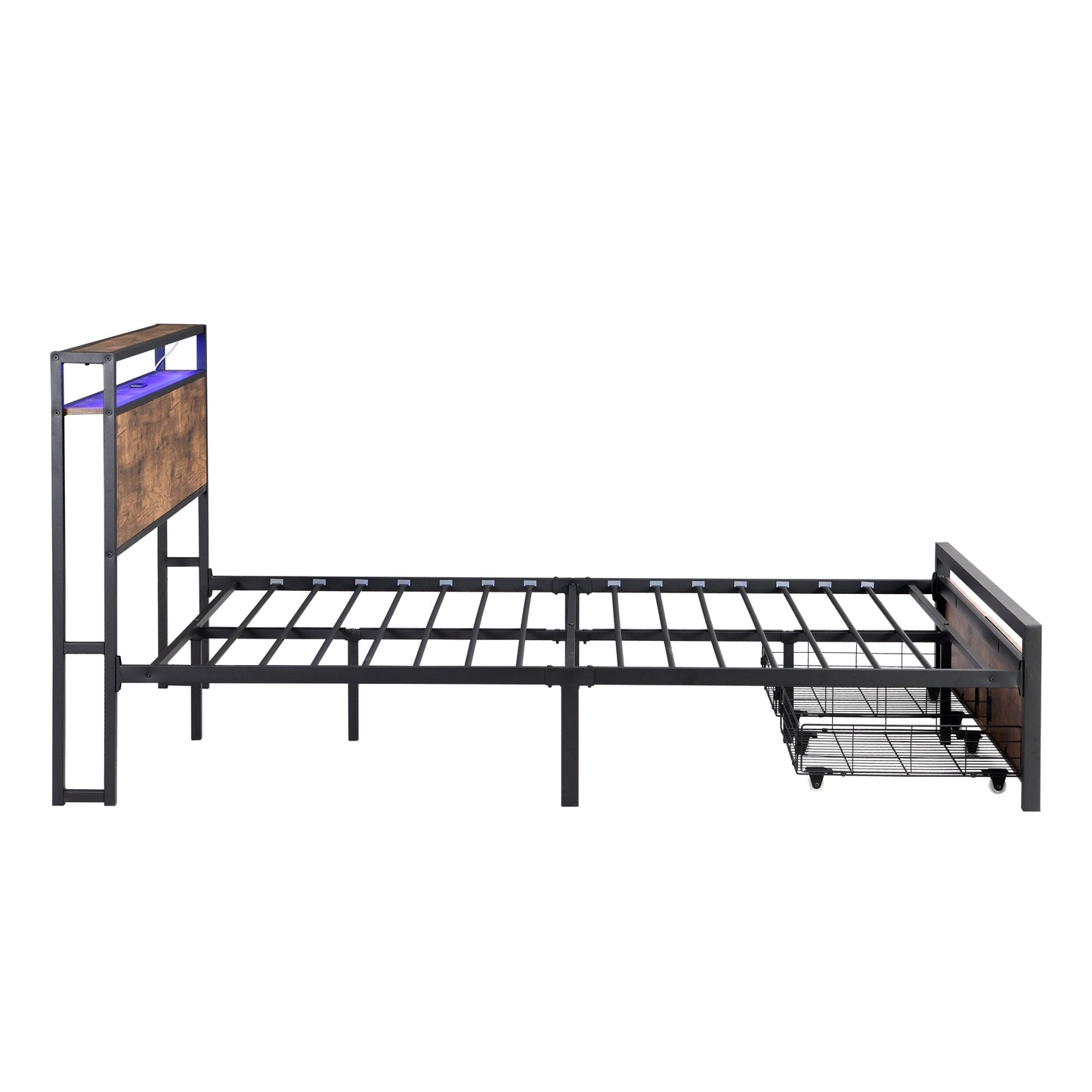 Cadre de lit Queen Size avec tête de lit de rangement et 2 tiroirs, lit à lumières LED avec station de charge, lit plateforme en métal sans bruit, sommier à lattes métalliques solides, aucun sommier nécessaire