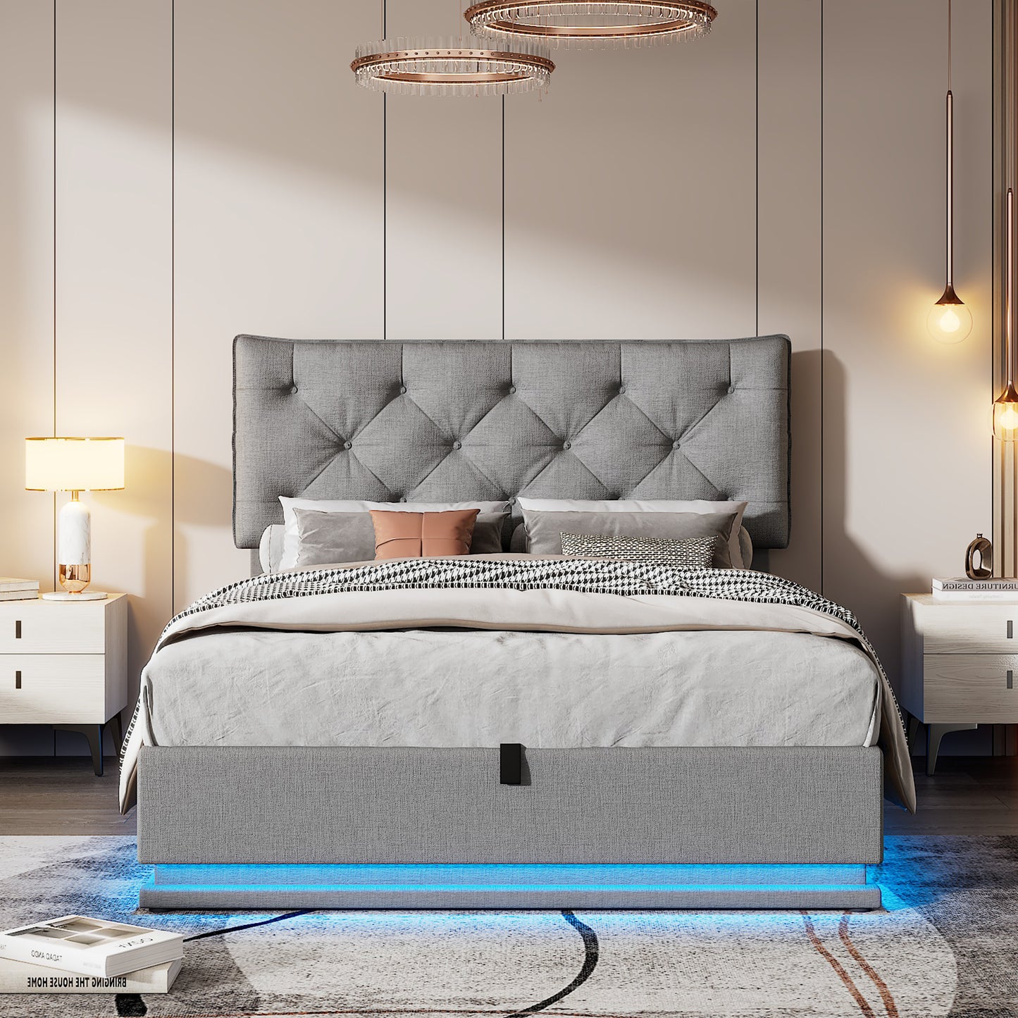 Cama tapizada de tamaño completo con sistema de almacenamiento hidráulico y luz LED, plataforma moderna con cabecera con diseño de botones, gris