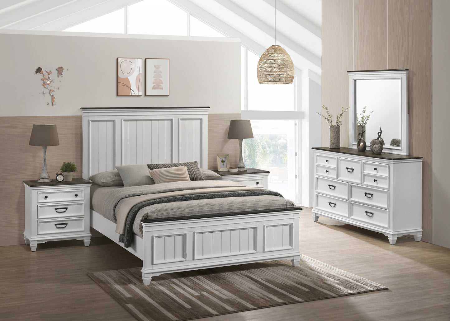 Clelane Wood Bedroom Set with Shiplap Panel Queen Bed, Dresser, Mirror, and Two Nightstands