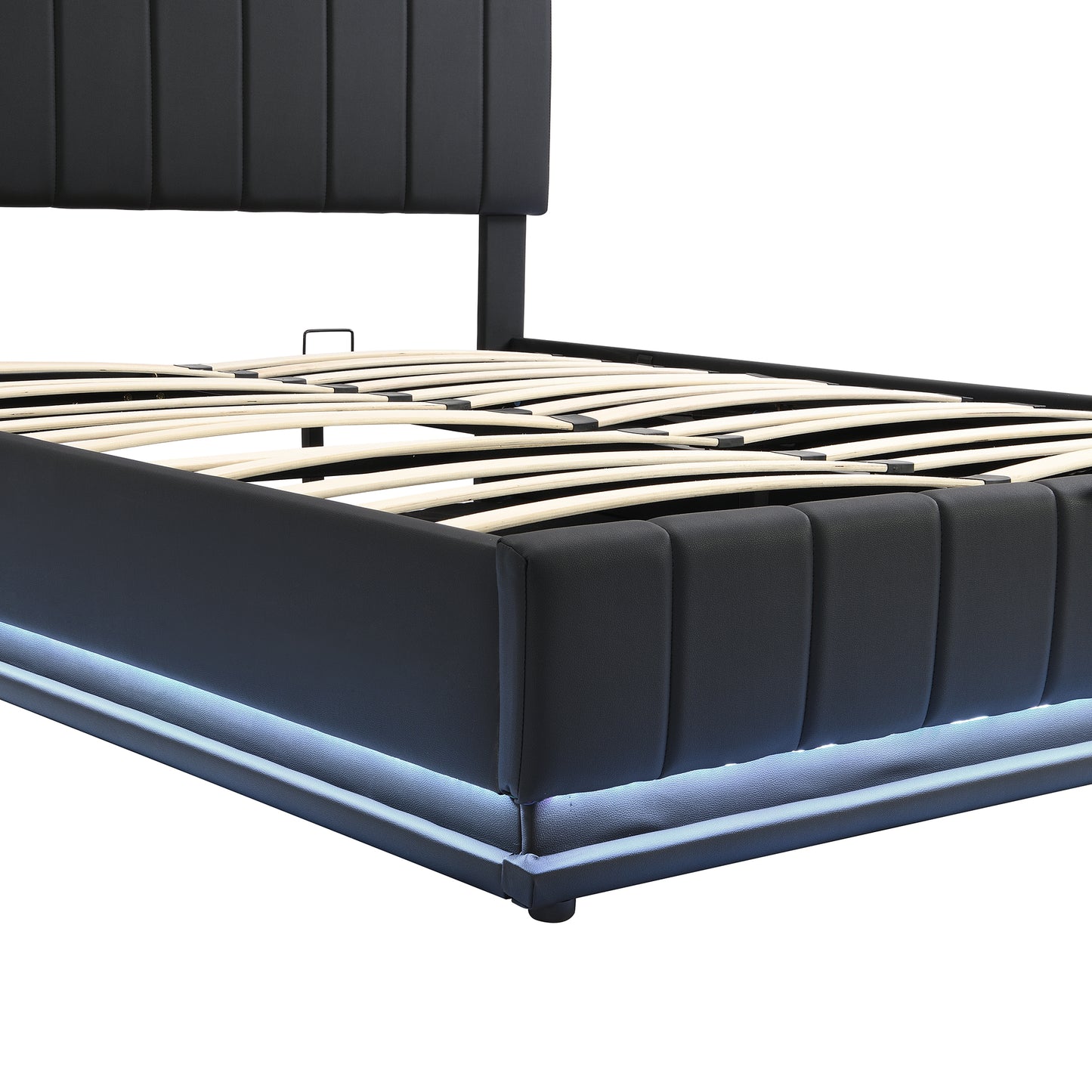 Queen Size Upholstered Bed with Hydraulic Storage System and LED Light, Modern Platform Bed with Sockets and USB Ports, Black