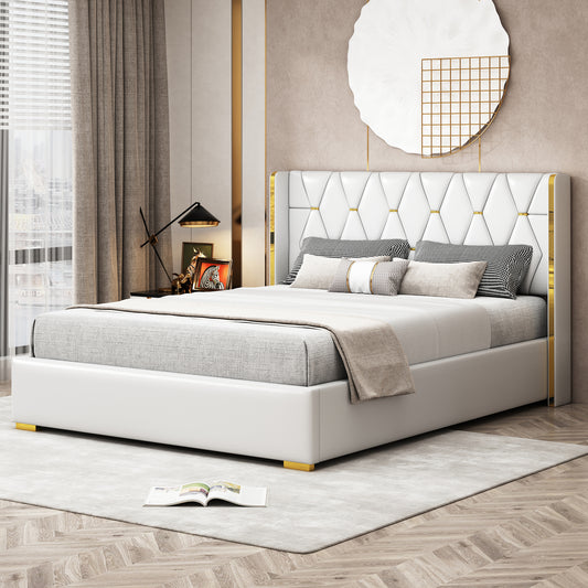 Queen Size Upholstered Platform Bed with Metal Strips, Off-white