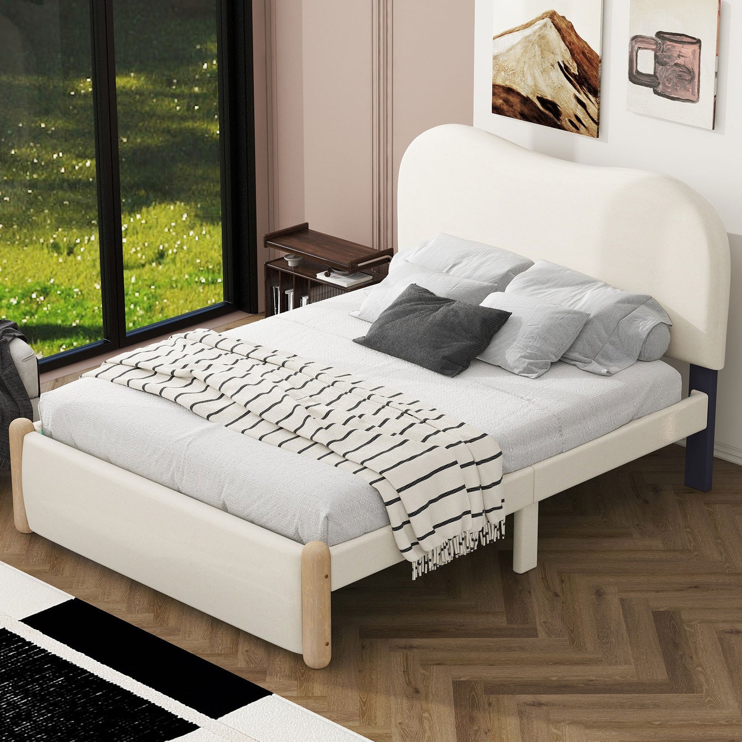 Full Size Upholstered Platform Bed with Wood Supporting Feet, Beige