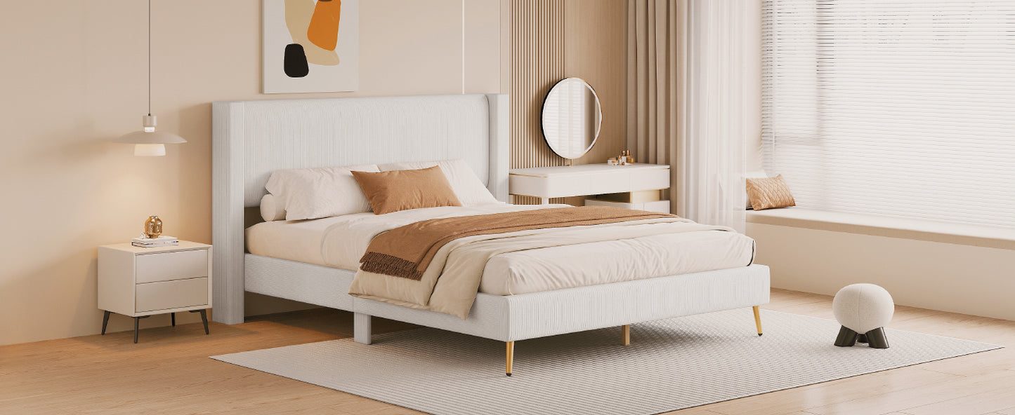 Queen Size Corduroy Platform Bed with Metal Legs, Beige(old sku:WF300238AAA)