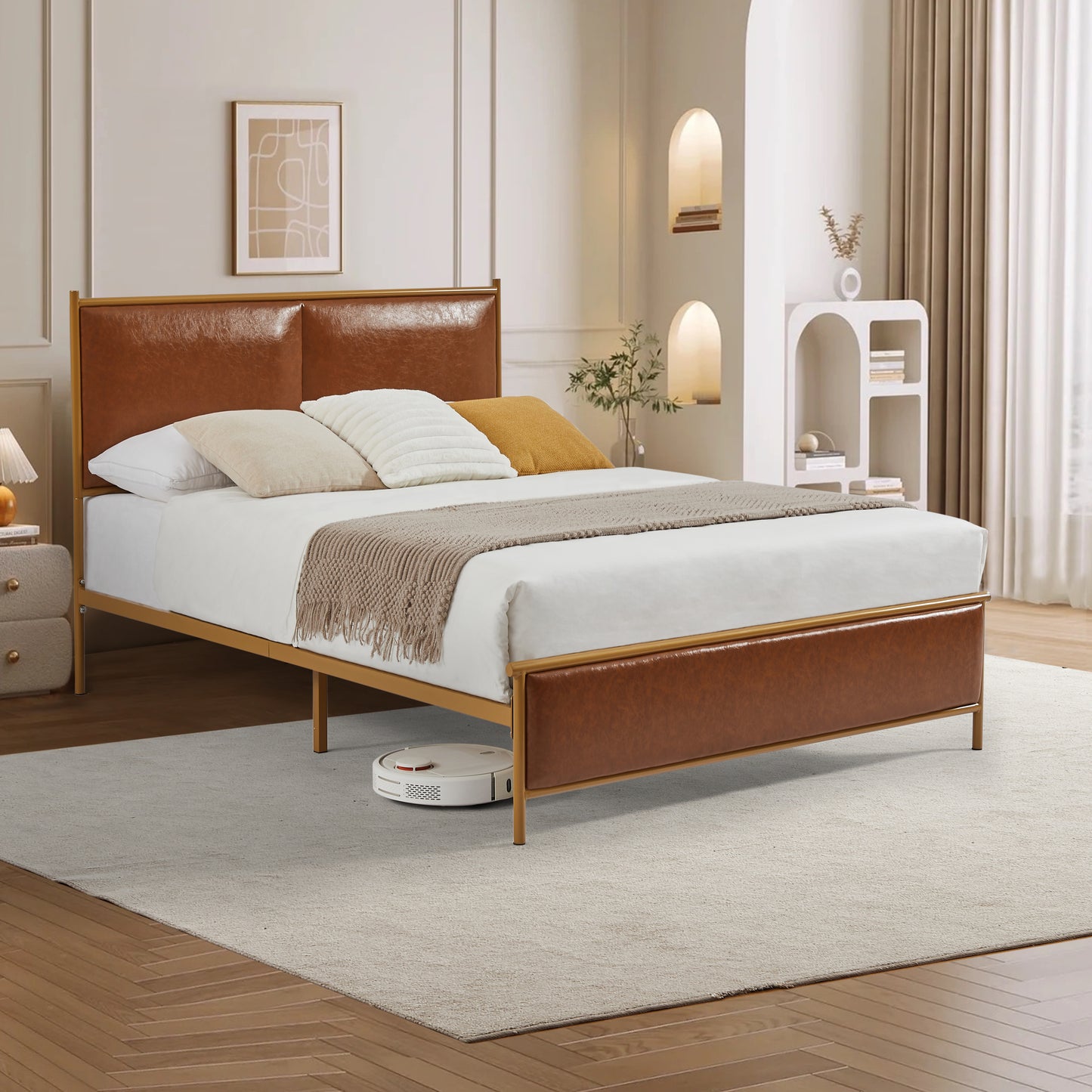 Coffee, Full-size bed. Classic steamed bread shaped backrest, metal frame, solid wood ribs, sponge soft bag, comfortable and elegant atmosphere.