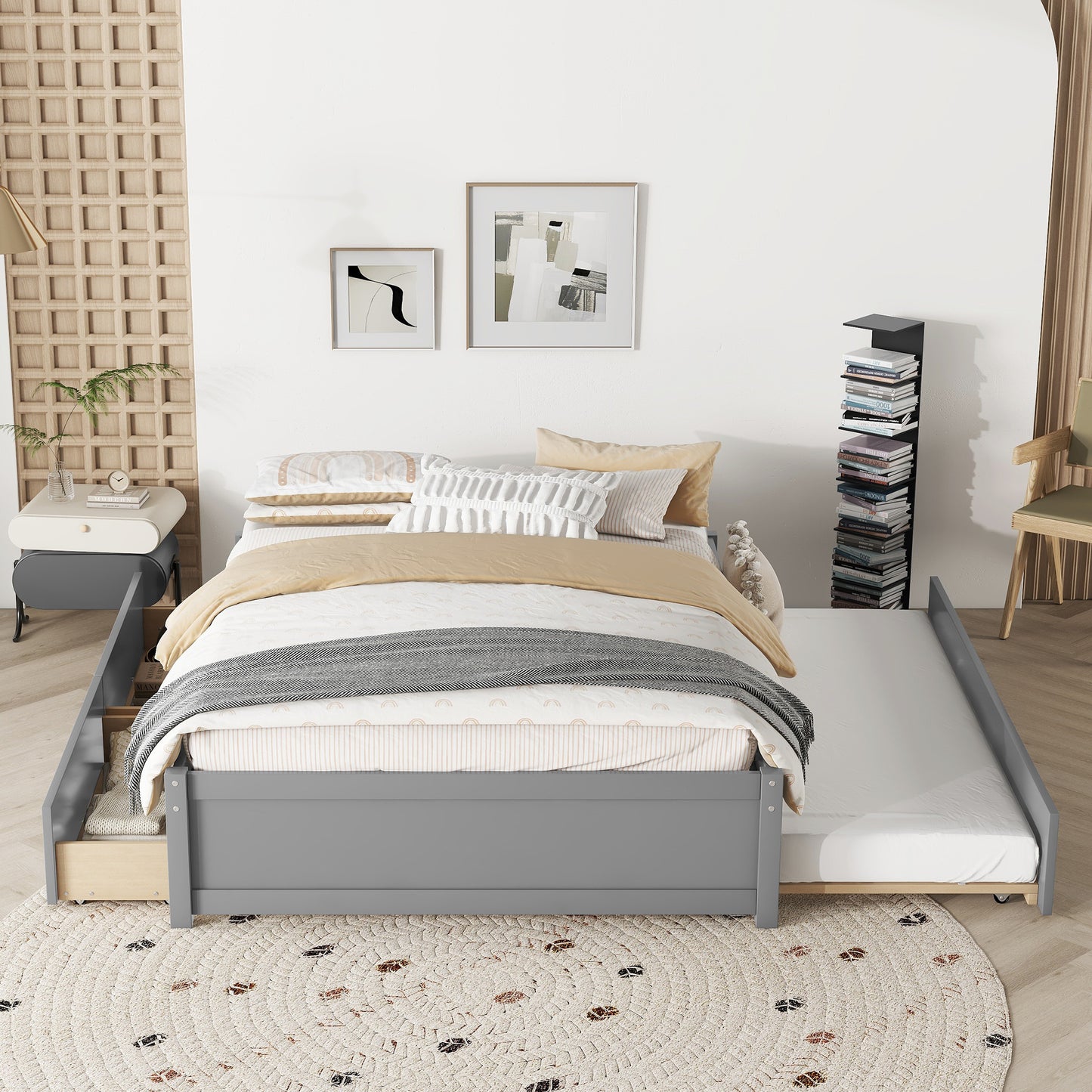 FULL BED WITH TWIN SIZE TRUNDLE AND TWO DRAWERS FOR GREY COLOR