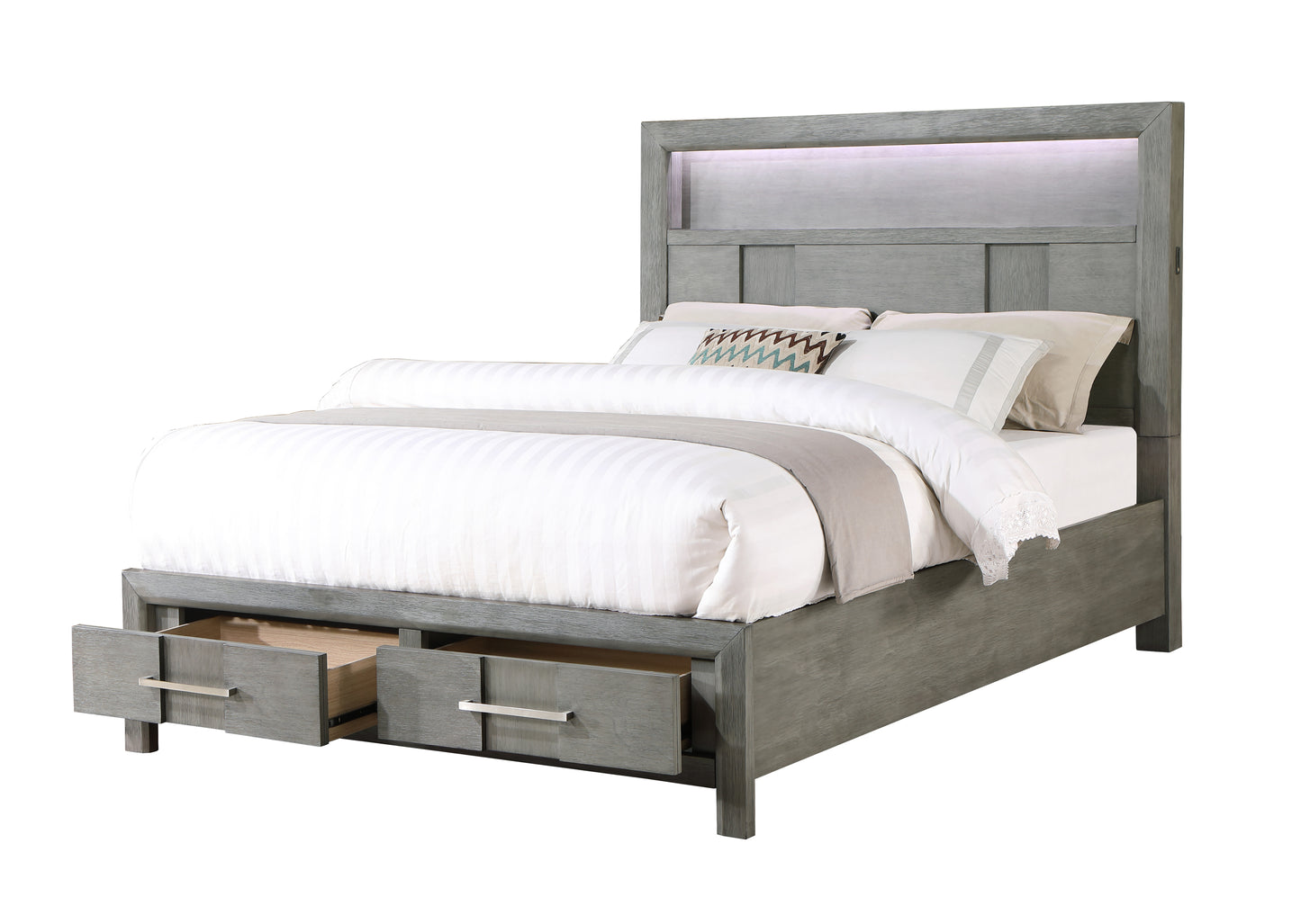 Modern Style Full Bed Made with Wood & LED Headboard with bookshelf in Gray