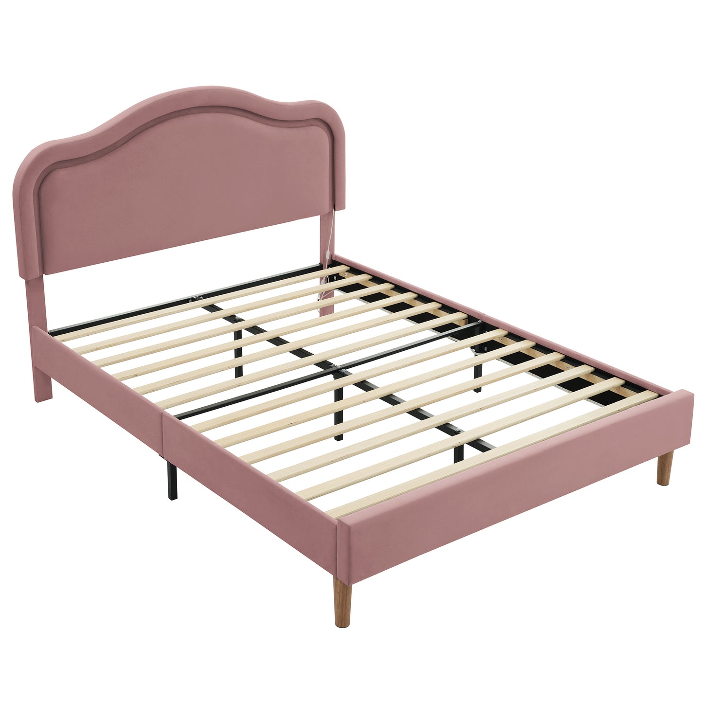 Full Size Velvet Upholstered Smart LED Bed Frame with Adjustable Height Headboard,No Box Spring Needed,Easy Assembly,Pink